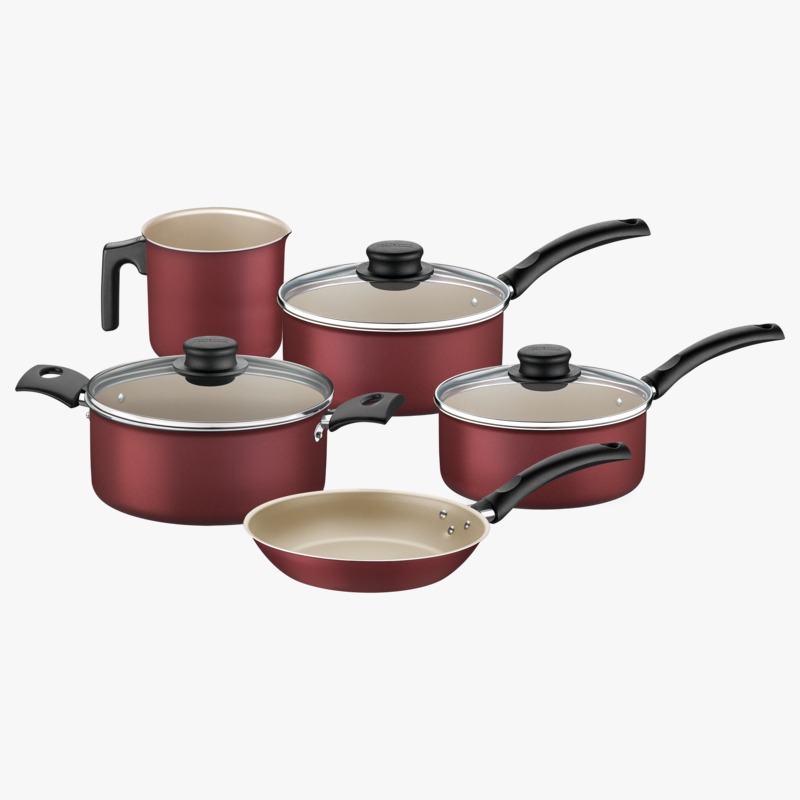 JUEGO DE OLLAS TRAMONTINA TURIM COLOR ROJO DE 5 PIEZAS T202983