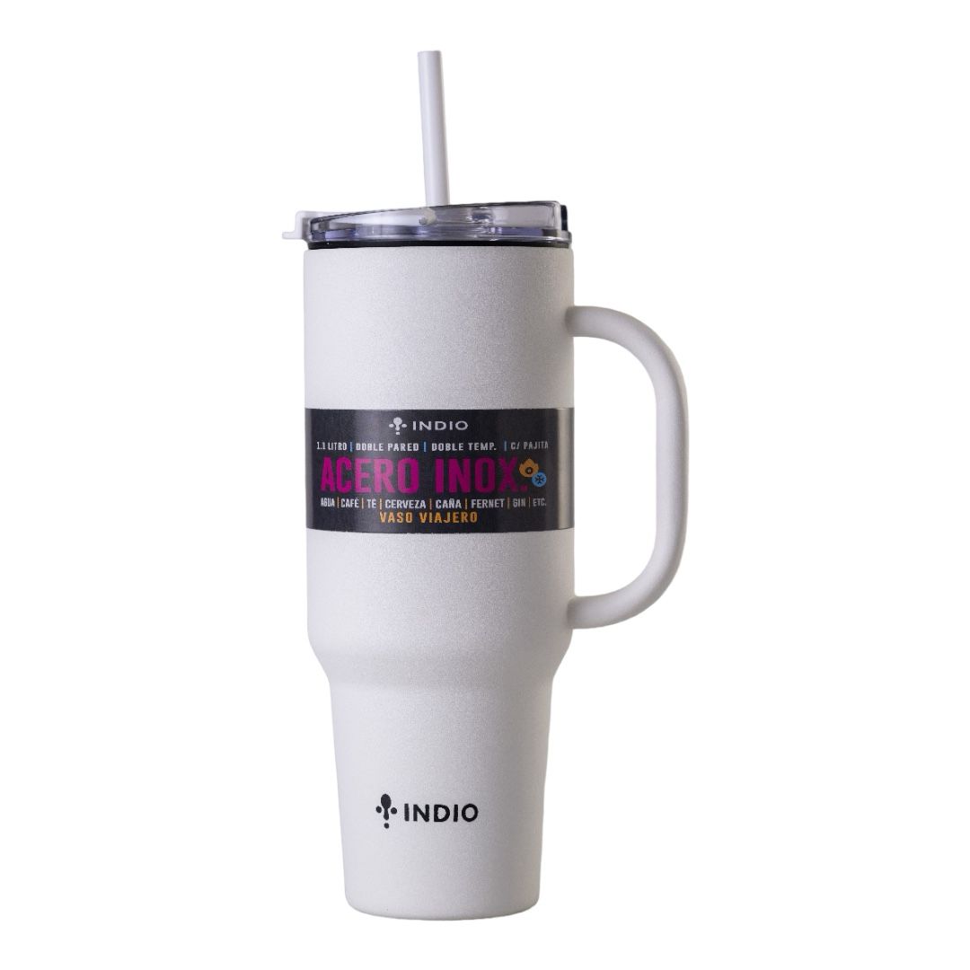 VASO TERMICO INDIO ACERO INOX VIAJERO C/ MANIJA Y PAJITA 1,1L BLANCO