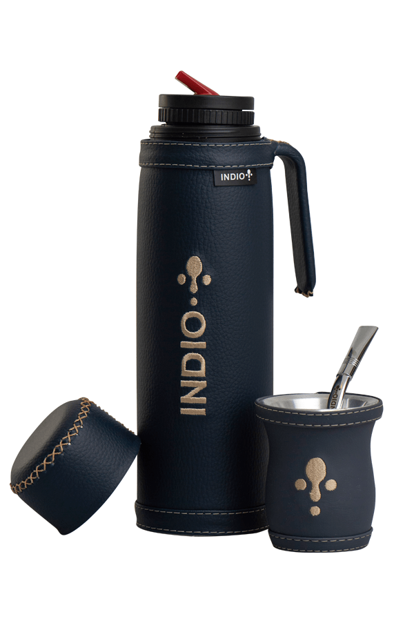 TERMO SET DE INVIERNO MATERO INDIO 1 LITRO SIMIL CUERO NEGRO SILVANA + GUAMPA + BOMBILLA 