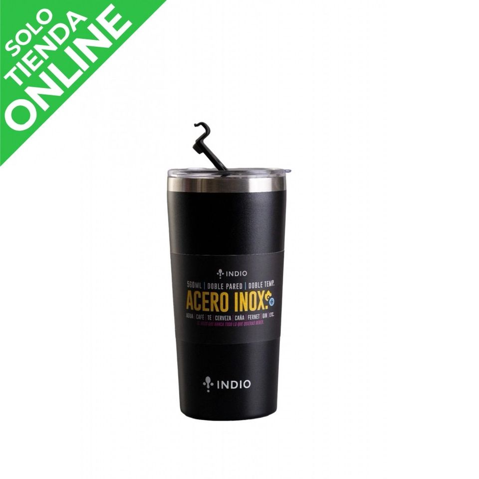 VASO TERMICO INDIO ACERO INOX. TAPA HERMETICA CON ABRIDOR 560ml, NEGRO