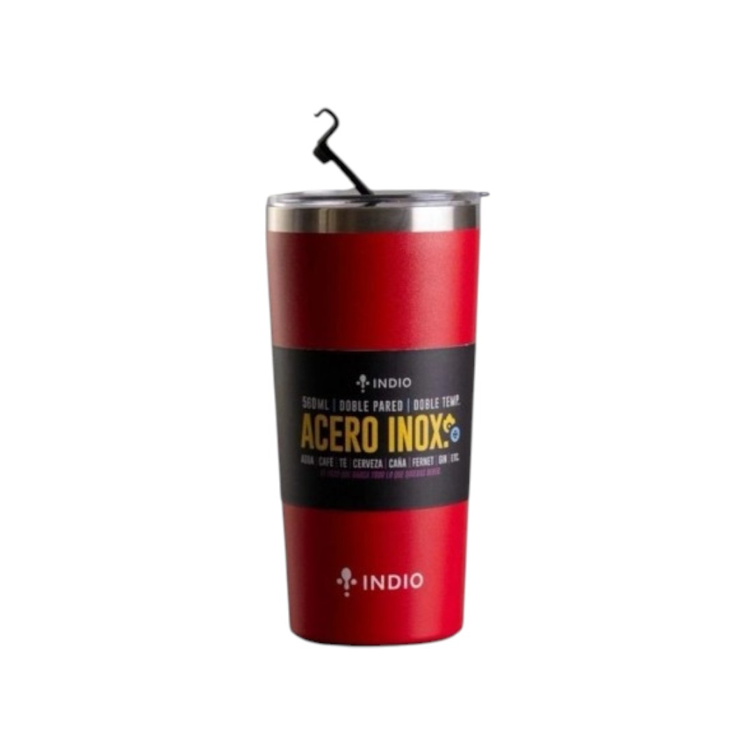 VASO TERMICO ROJO INDIO ACERO INOX. TAPA HERMETICA CON ABRIDOR 560ML
